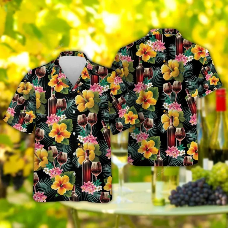 Wine Hawaiian Shirts For Men Women, Tropical Hibiscus Aloha Shirts, Hawaiian Summer Beach Shirts, Wine Button Down Short Sleeve Hawaiian Shirt