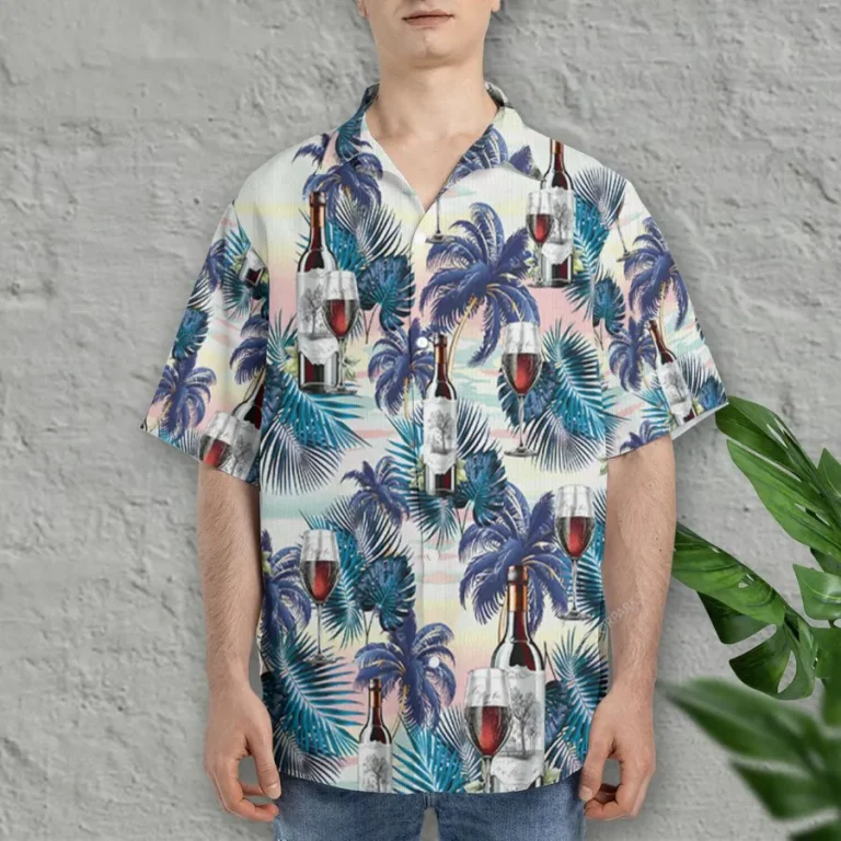 Wine Champagne Hawaiian Shirts For Men Women, Tropical Palm Aloha Shirts, Hawaiian Summer Beach Shirts, Wine Button Down Short Sleeve Hawaiian Shirt