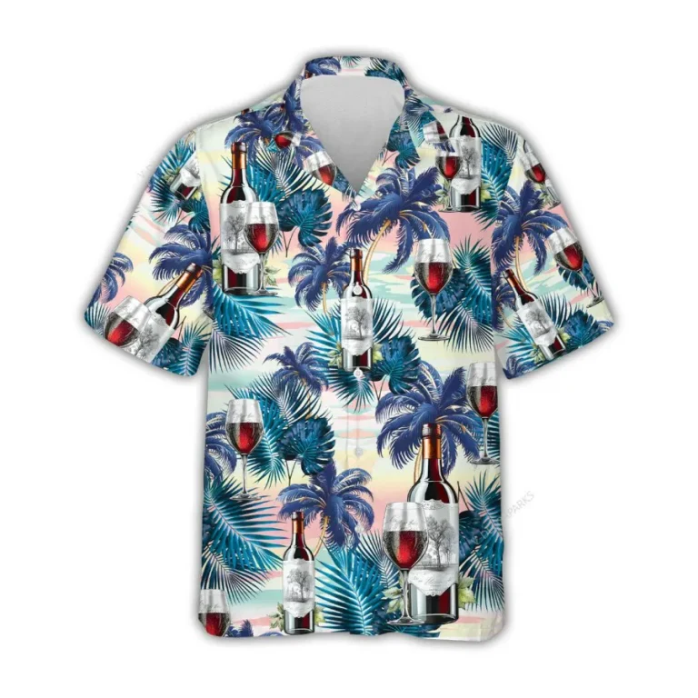 Wine Champagne Hawaiian Shirts For Men Women, Tropical Palm Aloha Shirts, Hawaiian Summer Beach Shirts, Wine Button Down Short Sleeve Hawaiian Shirt