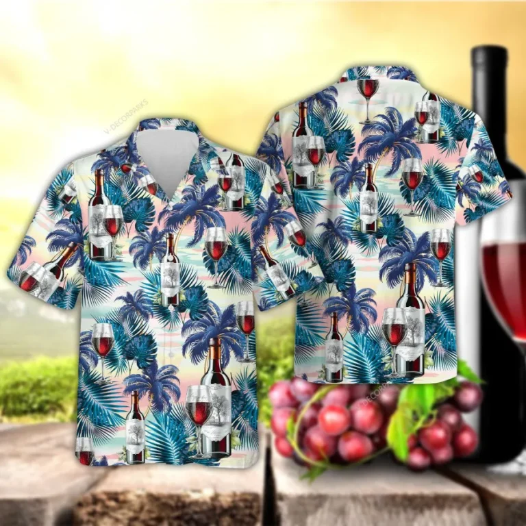 Wine Champagne Hawaiian Shirts For Men Women, Tropical Palm Aloha Shirts, Hawaiian Summer Beach Shirts, Wine Button Down Short Sleeve Hawaiian Shirt