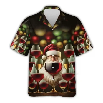 Christmas Wine Hawaiian Shirts For Men Women, Santa Claus Aloha Shirts, Hawaiian Summer Beach Shirts, Wine Button Down Short Sleeve Hawaiian Shirt