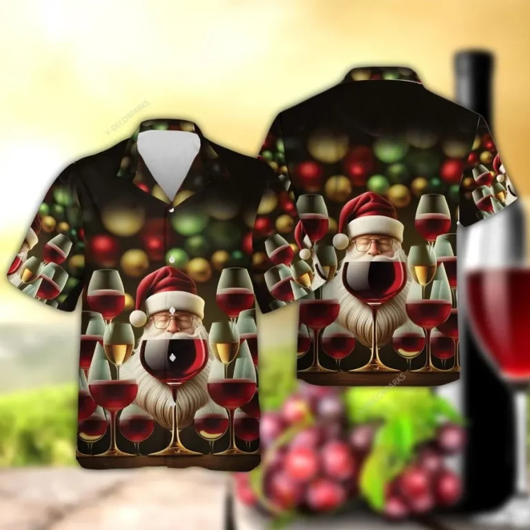 Christmas Wine Hawaiian Shirts For Men Women, Santa Claus Aloha Shirts, Hawaiian Summer Beach Shirts, Wine Button Down Short Sleeve Hawaiian Shirt