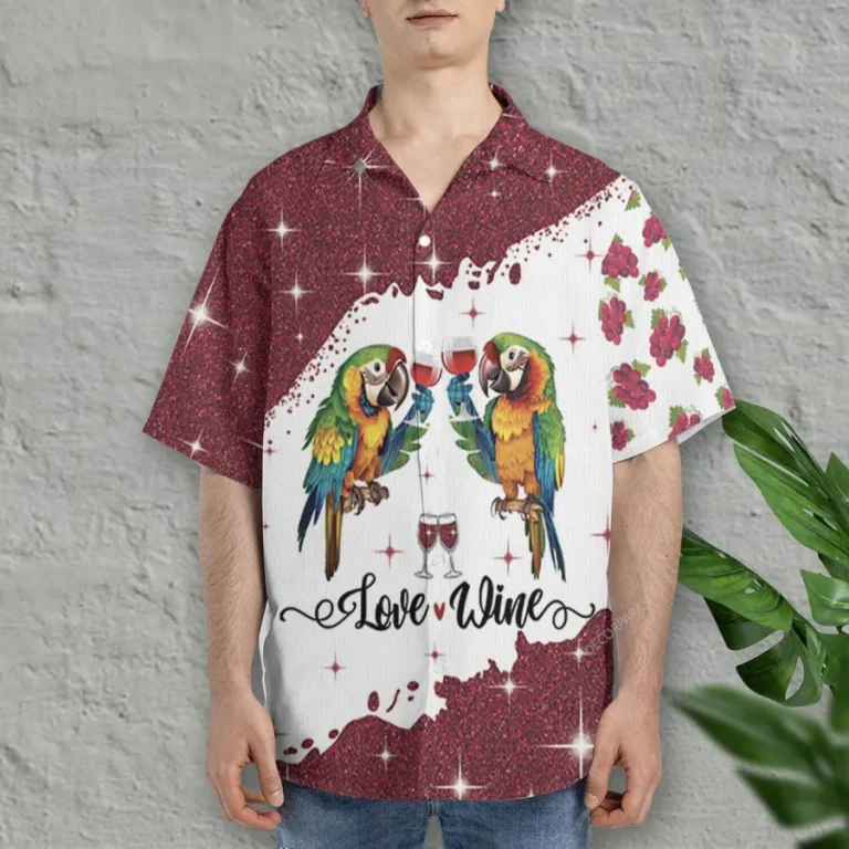 Parrot Wine Hawaiian Shirts For Men Women, Wine Lovers Hawaii Aloha Shirts, Hawaiian Summer Beach Shirts, Wine Button Down Short Sleeve Hawaiian Shirt