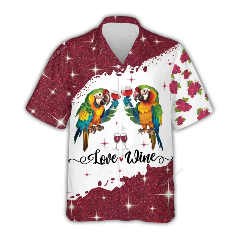 Parrot Wine Hawaiian Shirts For Men Women, Wine Lovers Hawaii Aloha Shirts, Hawaiian Summer Beach Shirts, Wine Button Down Short Sleeve Hawaiian Shirt