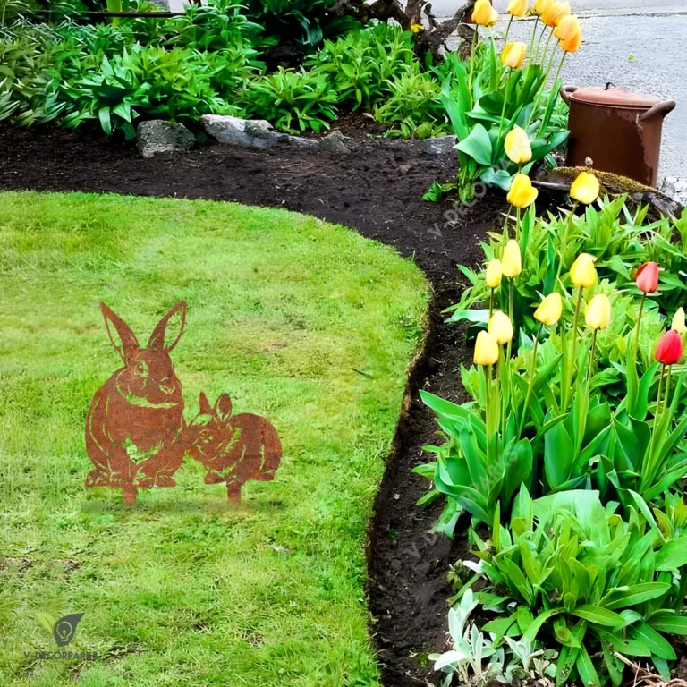 Rusted Rabbit Mom And Rabbit Kid Metal Garden Art, Bunnie Outdoor Gift For Mom