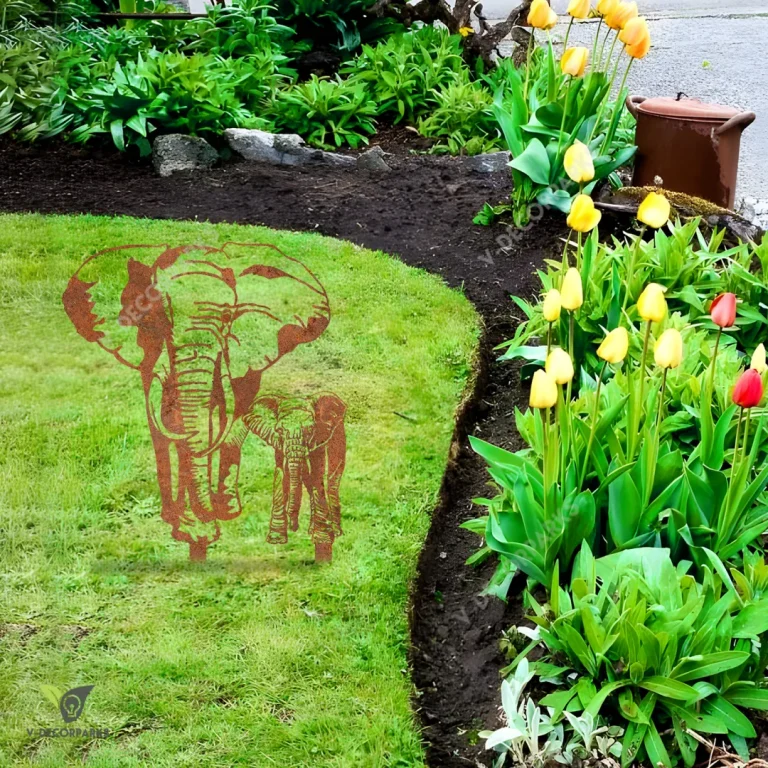 Rustic Elephant Mom And Baby Elephant Metal Garden Art