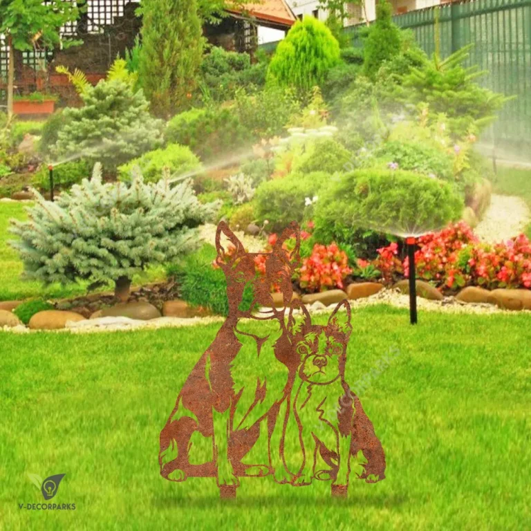 Rusted Boston Terrier Dog Mother With Boston Terrier Baby Metal Garden Art, Boston Terrier Outer Stake