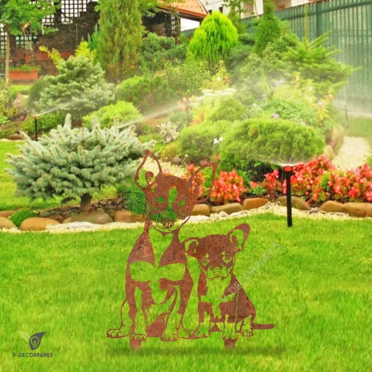 Rusty Chihuahua Dog Mom And Chihuahua Puppy Metal Garden Decoration, Chihuahua Metallic Yard Sign