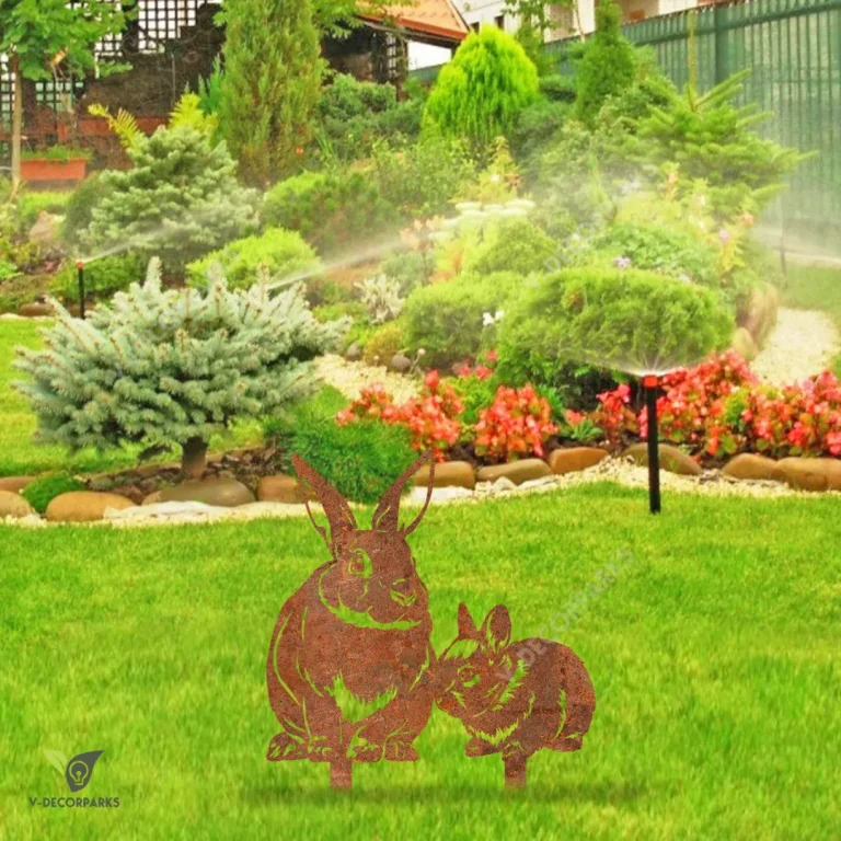Rusted Rabbit Mom And Rabbit Kid Metal Garden Art, Bunnie Outdoor Gift For Mom