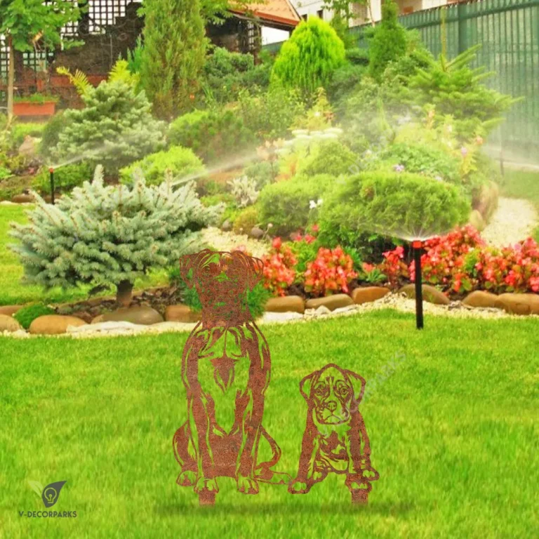 Rusted Mother Boxer Dog And Boxer Child Metal Garden Art, Boxer Outside Stake