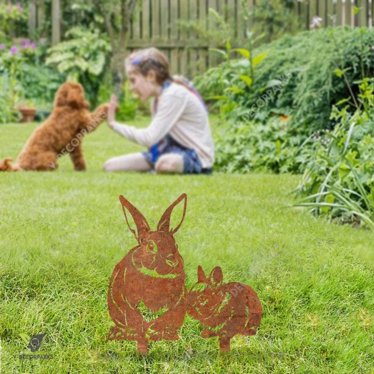 Rusted Rabbit Mom And Rabbit Kid Metal Garden Art, Bunnie Outdoor Gift For Mom