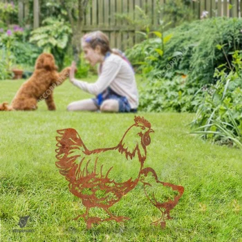 Rustic Hen And Chick Metal Garden Decoration, Chicken Monogram Stake For Her