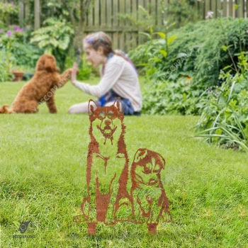 Rustic Siberian Husky Dog Mother And Siberian Husky Child Metal Garden Decoration, Siberian Husky Stake For Wife