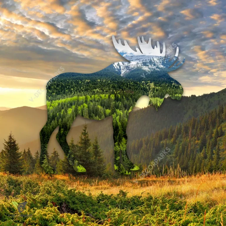 Moose And Forest, Mountain Scene Printed Metal Wall Art, Moose Iron Accent For Hunters