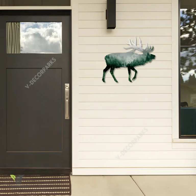 Elk Deer With Nothern Forest Metal Sign, Elk Hunting Man Cave Accent