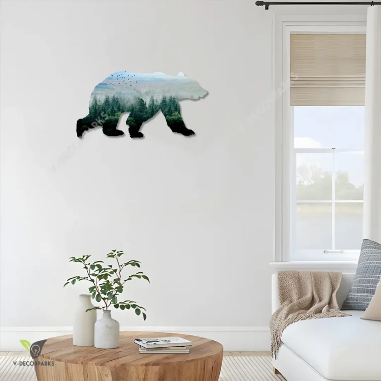 Bear In Forest Colored Metal Sign, Bear Laser Cut Porch Decoration