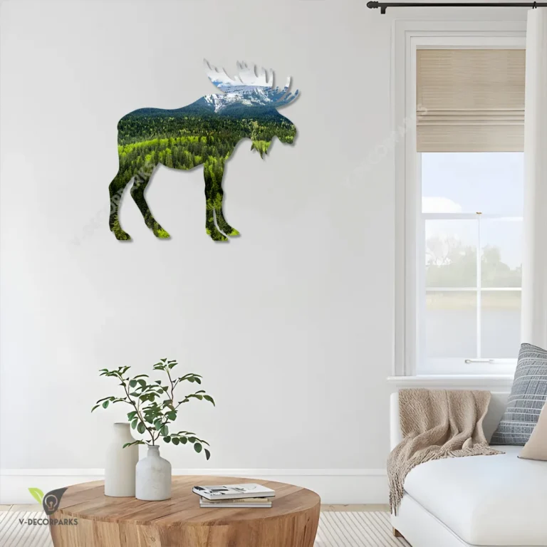 Moose And Forest, Mountain Scene Printed Metal Wall Art, Moose Iron Accent For Hunters