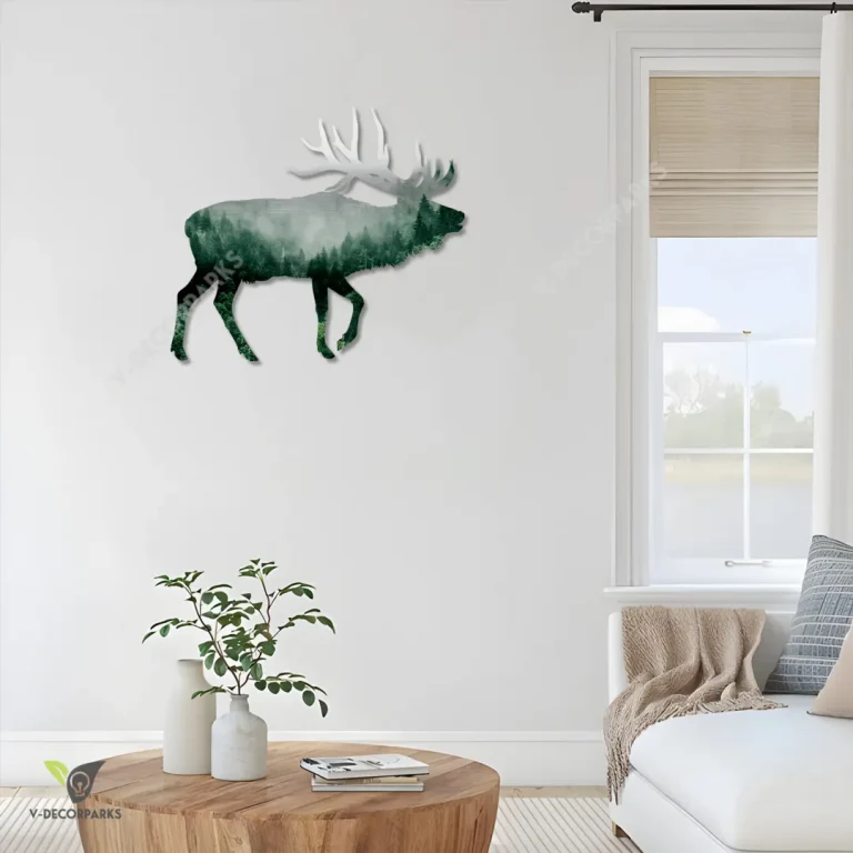 Elk Deer With Nothern Forest Metal Sign, Elk Hunting Man Cave Accent