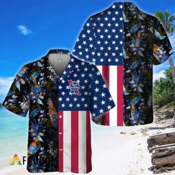 Pabst Blue Ribbon Hawaiian Shirt For Men - Us Flag Tropical Flowers Design - Patriotic Summer Beach Outfit