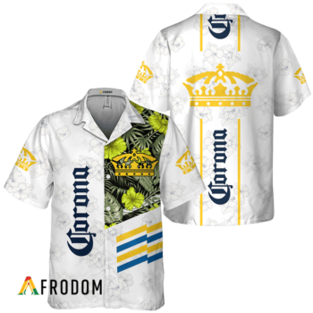 Corona Extra Beer Hawaiian Shirt For Men - White Tropical Flower Pattern - Summer Beach Vacation Gift For Dad
