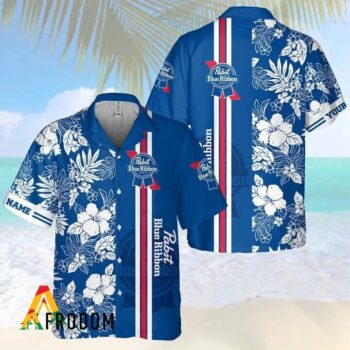 Personalized Pabst Blue Ribbon Hawaiian Shirt For Men - Tropical Floral Stripe Pattern - Custom Summer Outfit
