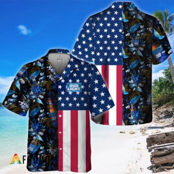 Bud Light Beer Hawaiian Shirt For Men - Us Flag Tropical Flowers Design - Patriotic Summer Vacation Outfit