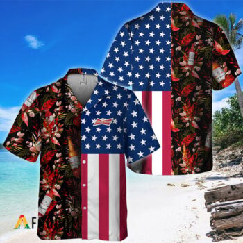 Budweiser Beer Hawaiian Shirt For Men - Us Flag Tropical Flowers Design - Patriotic 4th Of July Gift For Dad