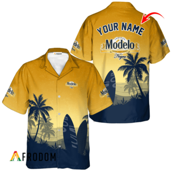 Personalized Modelo Negra Hawaiian Shirt For Men - Palm Tree Surfboard - Casual Streetwear Golf Outfit