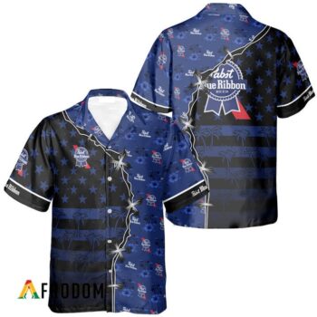 Pabst Blue Ribbon Hawaiian Shirt For Men - American Flag Tropical Split 3d - Patriotic Summer Outfit Gift