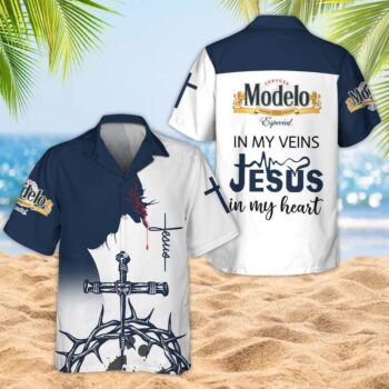 Modelo Hawaiian Shirt For Men - In My Veins Jesus In My Heart - Christian Summer Beach Vacation Gift