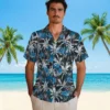 Detroit Lions Hawaiian Shirt - Palm Pattern Blue Black Aloha Shirt