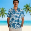 Detroit Lions Hawaiian Shirt - Tropical Plants Blue White Aloha Shirt