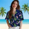 New York Giants Hawaiian Shirt - Flamingo Leaf Motif Blue Aloha Shirt