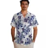 New York Giants Hawaiian Shirt - Hibiscus Palm Leaves Blue White Aloha Shirt