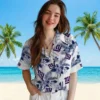 New York Giants Hawaiian Shirt - Hibiscus Palm Leaves Blue White Aloha Shirt
