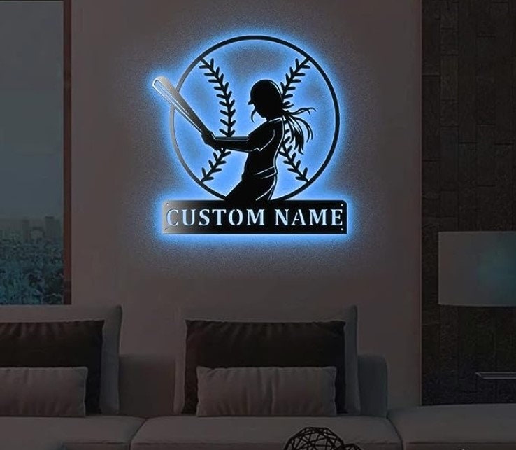 Personalized Softball Swing Metal Wall Art With Led Lights, Custom 