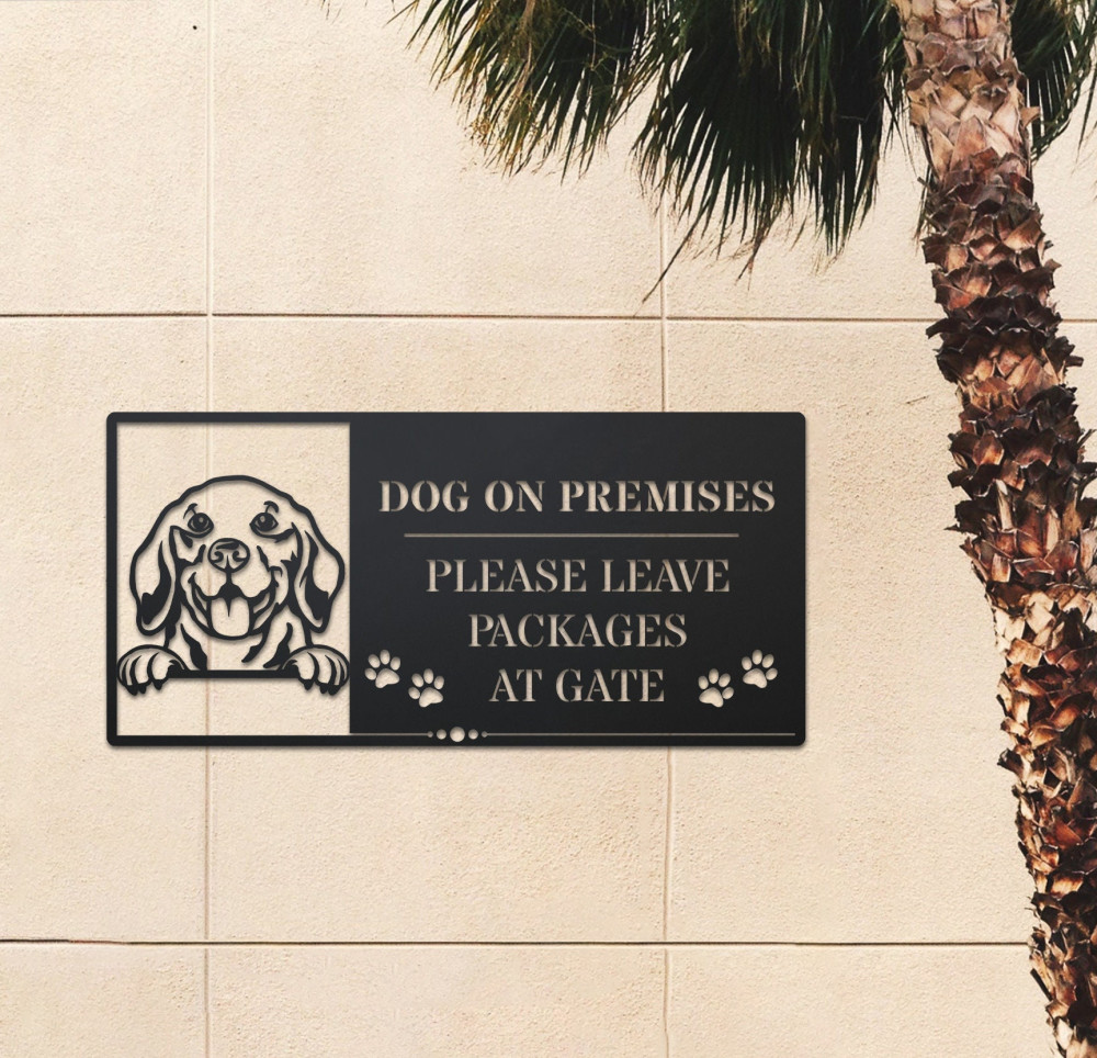 Dog On Premises Please Leave Packages At Gate Metal Sign Decor, Warning 